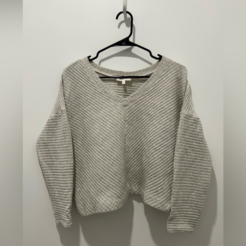 Tan V-Neck Oversized Sweater with Textured Ribbing